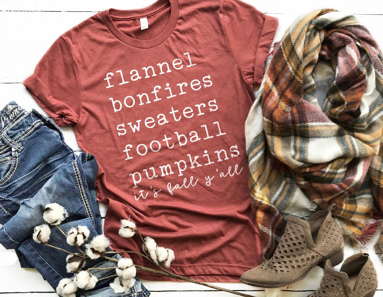 **DEAL PRICE** Flannels Bonfires Sweaters Football Pumpkins It's Fall Ya'll Heather Clay Tee