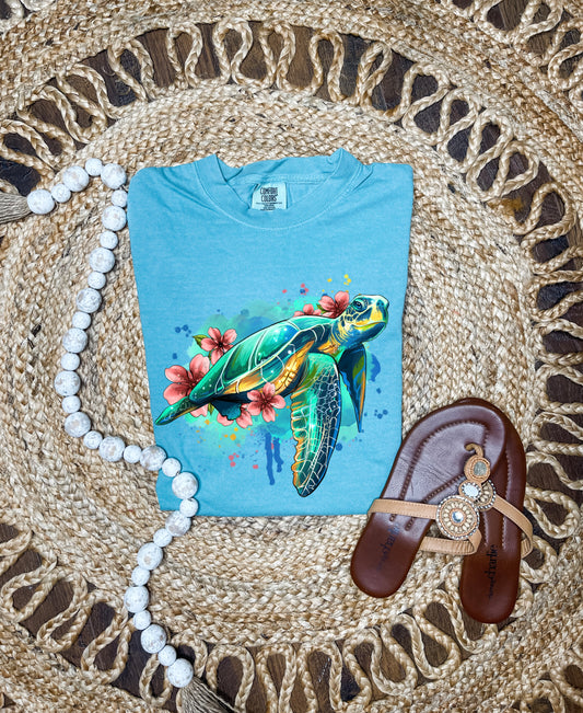 Floral Sea Turle Seafoam Tee