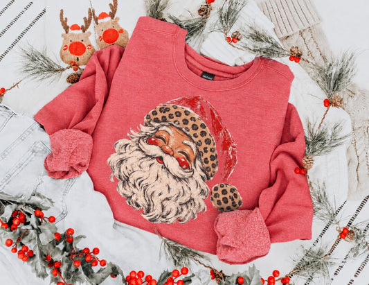 Vintage Santa Leopard Hat Heather Red Sweatshirt