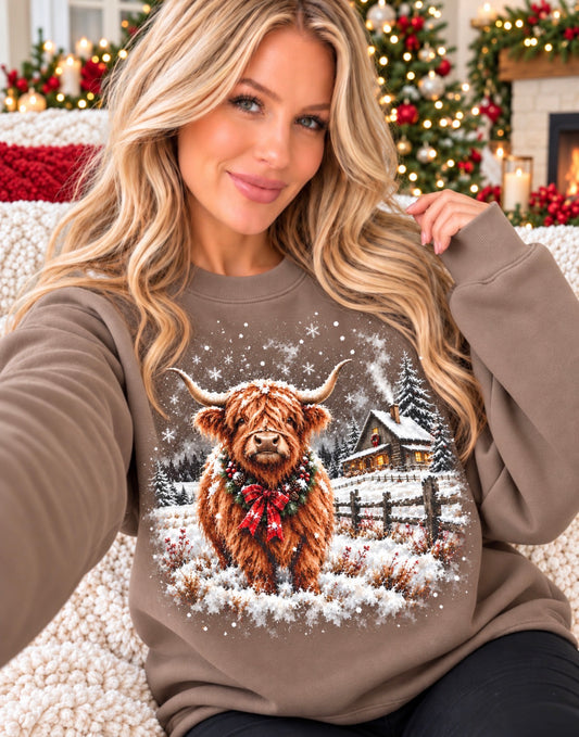 **DEAL OF THE DAY** Christmas On The Ranch Highland Cow Savana Brown Sweatshirt **FINAL SALE**