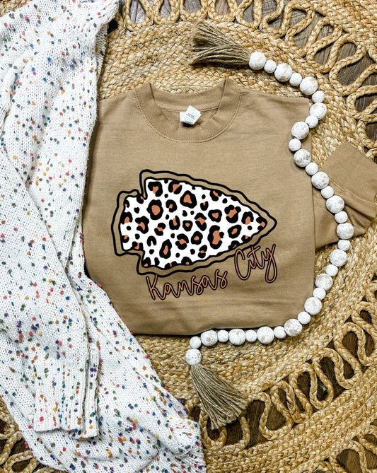 Brown Leopard Arrowhead Kansas City Script Crewneck Sweatshirt