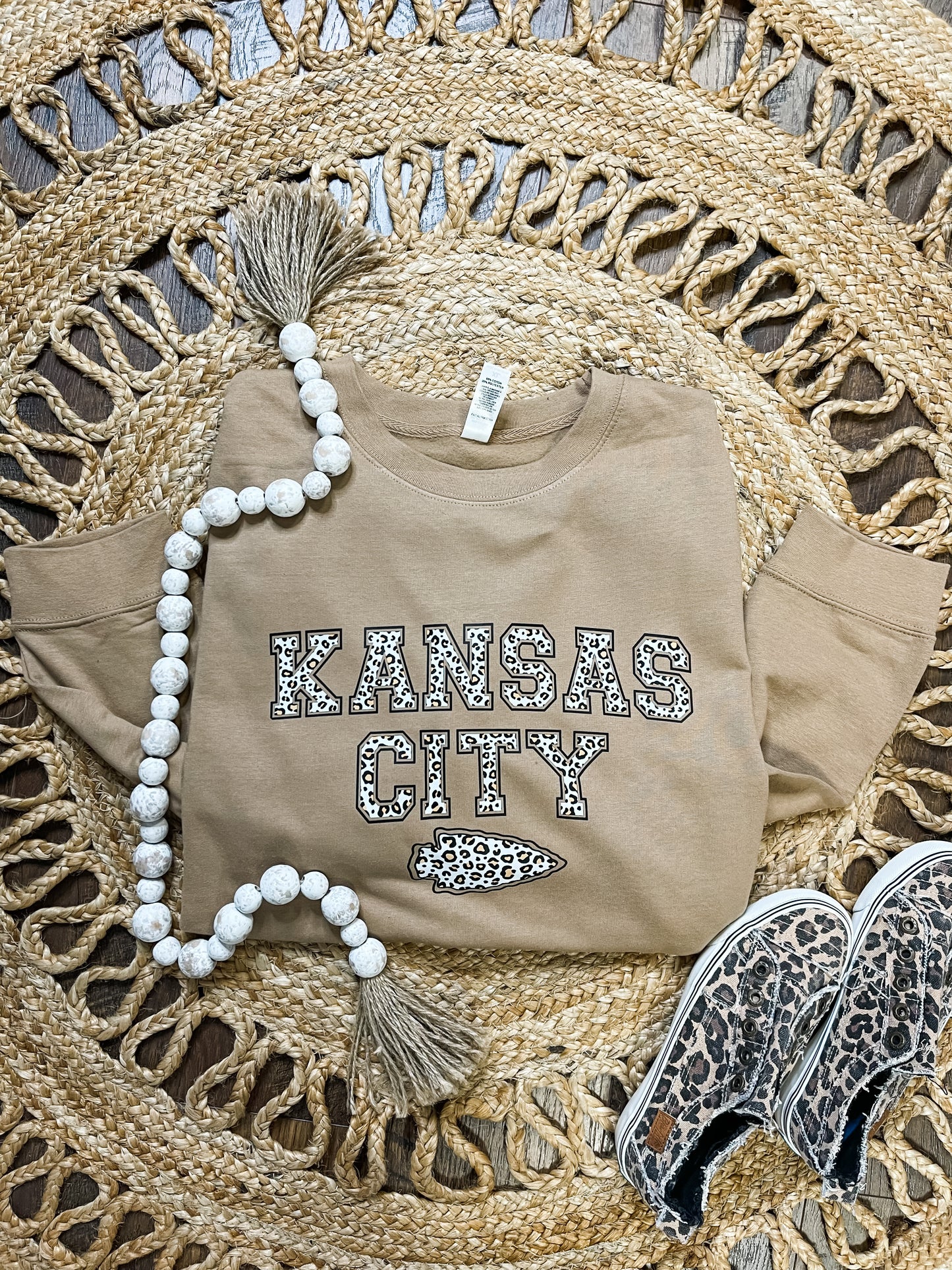 Kansas City Arrowhead Brown Leopard Crewneck Sweatshirt