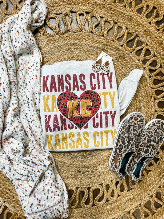 Kansas City Repeat KC Leopard Heart Ash Long Sleeve Tee