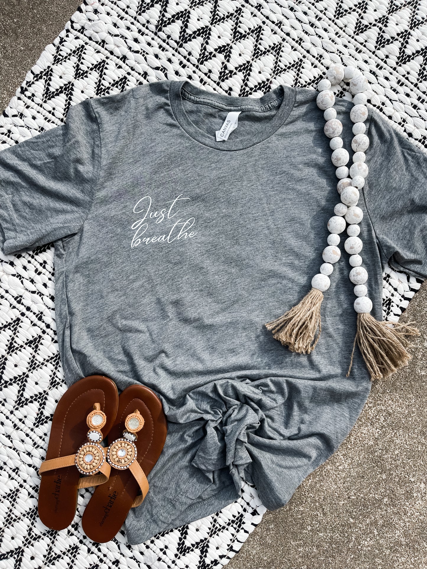 Left Chest Script Just Breathe Charcoal Tee