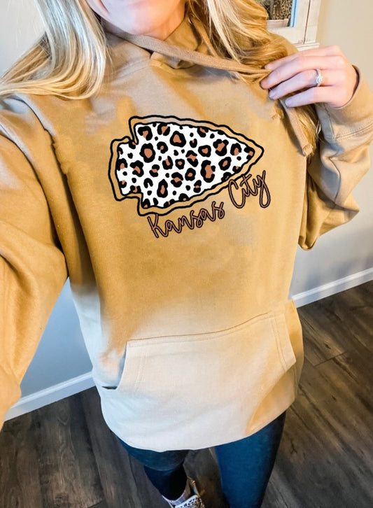 Brown Leopard Arrowhead Kansas City Script Sand Hoodie